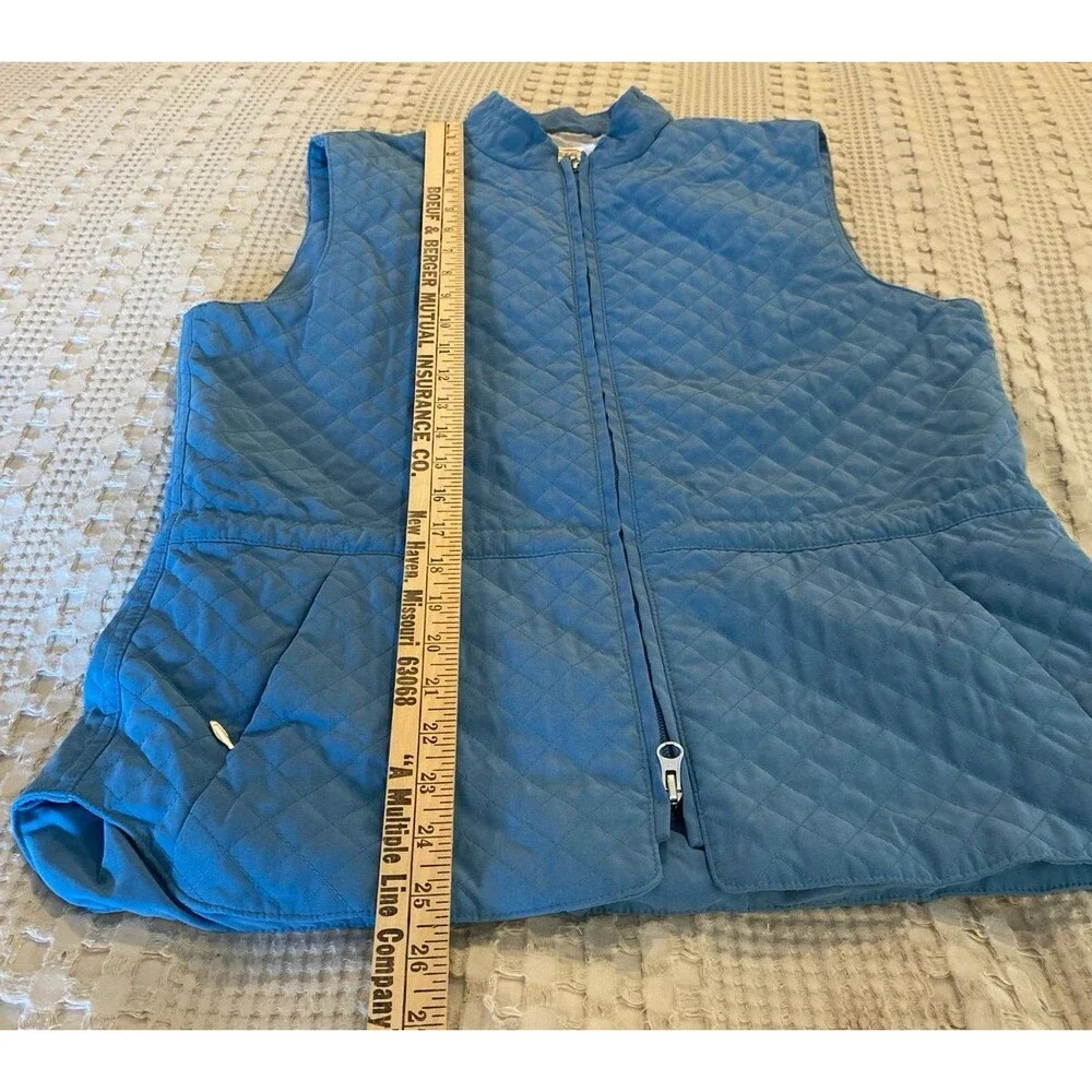 Talbots Vest Quilted Lined Size Medium Steel Blue Full Zipper Pockets Drawstring